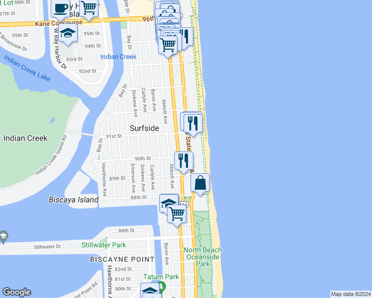 map of restaurants, bars, coffee shops, grocery stores, and more near 9017 Harding Avenue in Surfside