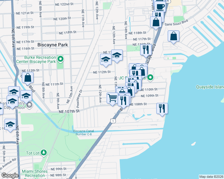 map of restaurants, bars, coffee shops, grocery stores, and more near 1284 Northeast 110th Street in Miami