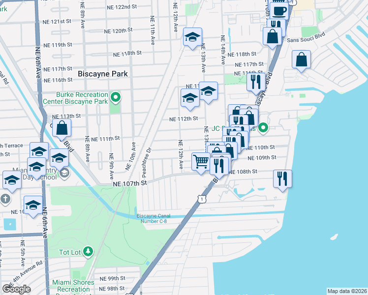 map of restaurants, bars, coffee shops, grocery stores, and more near 1210 Northeast 110th Street in Miami