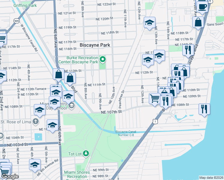 map of restaurants, bars, coffee shops, grocery stores, and more near 10922 Northeast 10th Avenue in Biscayne Park