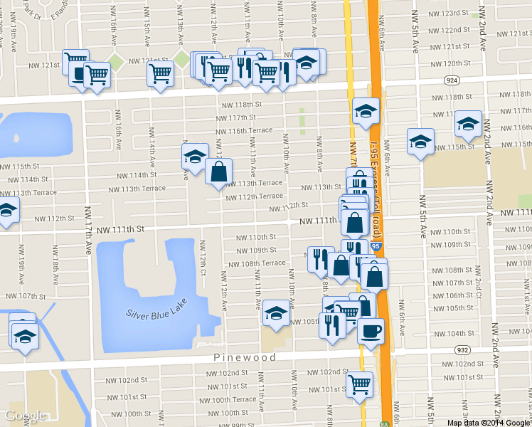 map of restaurants, bars, coffee shops, grocery stores, and more near 1045 Northwest 111th Street in Miami