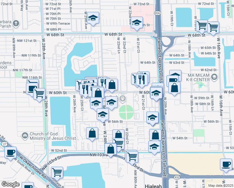 map of restaurants, bars, coffee shops, grocery stores, and more near 2310 West 60th Street in Hialeah