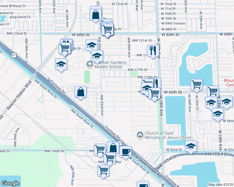 map of restaurants, bars, coffee shops, grocery stores, and more near 9115 Northwest 113th Street in Hialeah Gardens