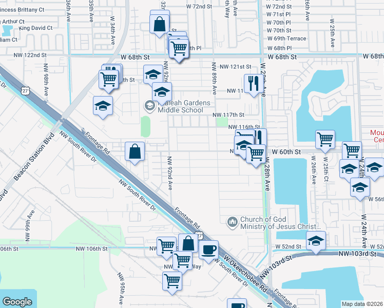 map of restaurants, bars, coffee shops, grocery stores, and more near 9115 Northwest 113th Street in Hialeah Gardens