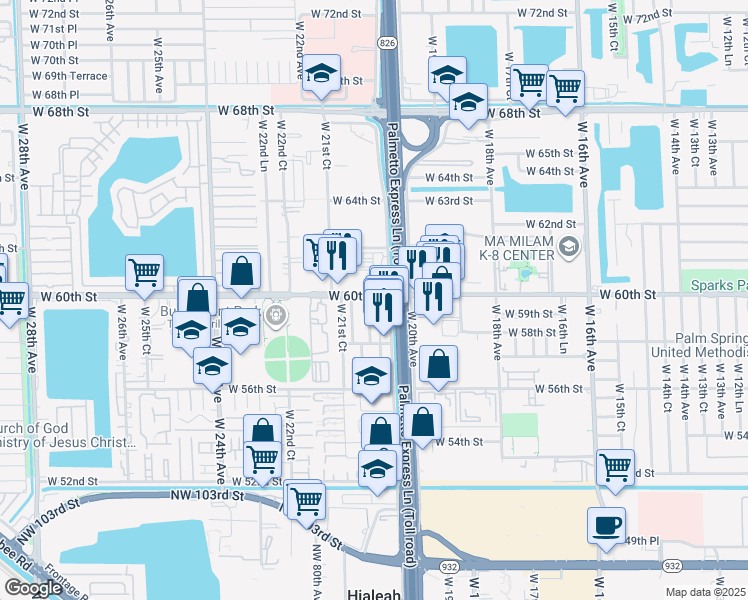 map of restaurants, bars, coffee shops, grocery stores, and more near 5991 West 20th Lane in Hialeah