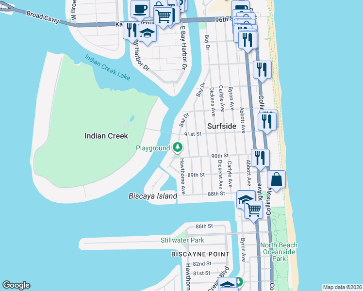 map of restaurants, bars, coffee shops, grocery stores, and more near 9025 Garland Avenue in Surfside