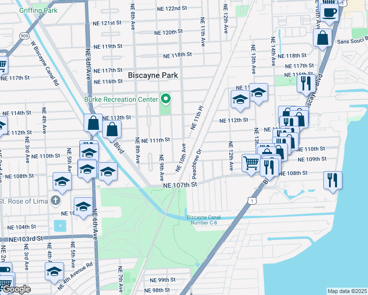 map of restaurants, bars, coffee shops, grocery stores, and more near 10922 Northeast 10th Avenue in Biscayne Park