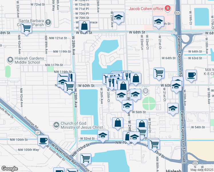 map of restaurants, bars, coffee shops, grocery stores, and more near 5945 West 25th Court in Hialeah