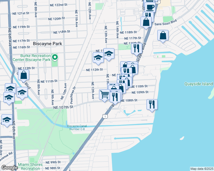 map of restaurants, bars, coffee shops, grocery stores, and more near 11004 Northeast 13th Avenue in Miami