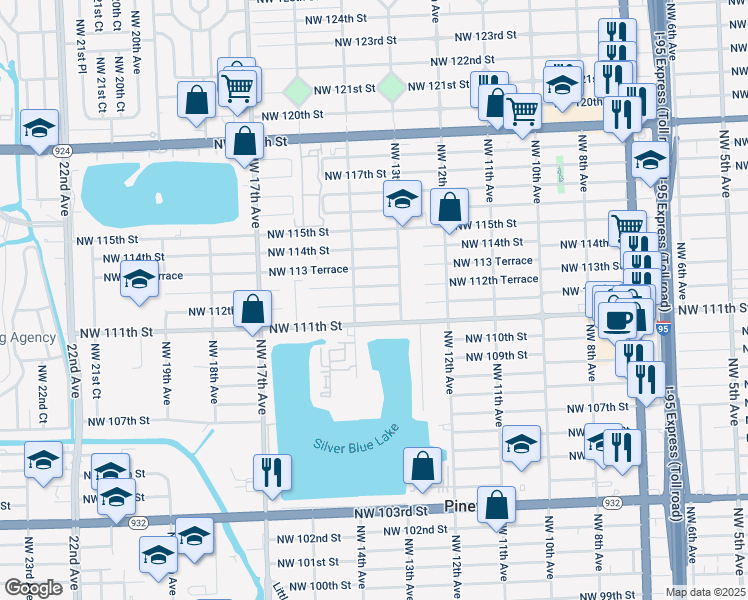 map of restaurants, bars, coffee shops, grocery stores, and more near 1361 Northwest 112th Street in Miami