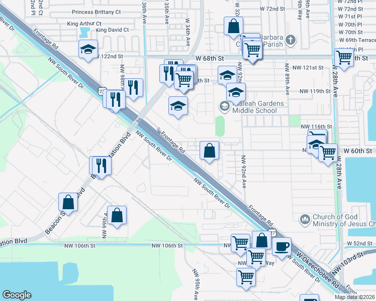 map of restaurants, bars, coffee shops, grocery stores, and more near 11119 West Okeechobee Road in Hialeah