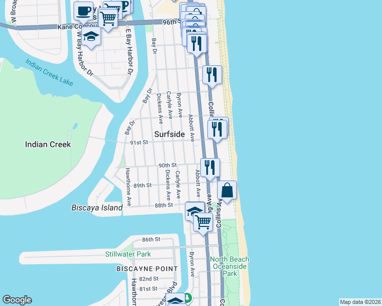 map of restaurants, bars, coffee shops, grocery stores, and more near 9040 Abbott Avenue in Surfside