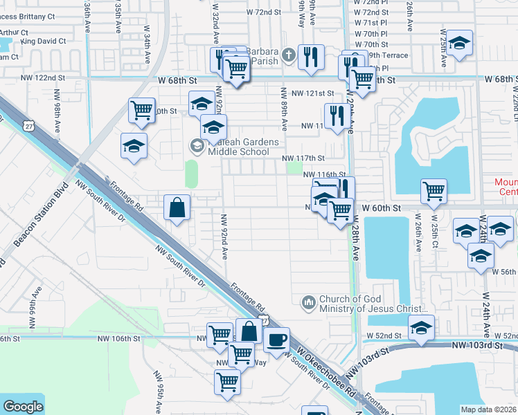 map of restaurants, bars, coffee shops, grocery stores, and more near 8997 Northwest 113th Street in Hialeah Gardens