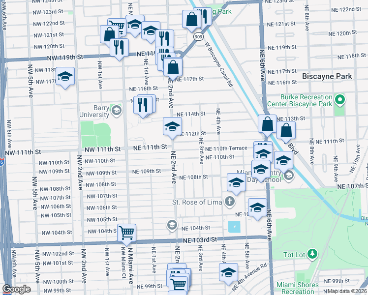 map of restaurants, bars, coffee shops, grocery stores, and more near 240 Northeast 110th Terrace in Miami