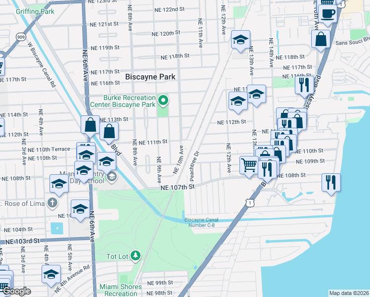 map of restaurants, bars, coffee shops, grocery stores, and more near 10922 Northeast 10th Avenue in Biscayne Park