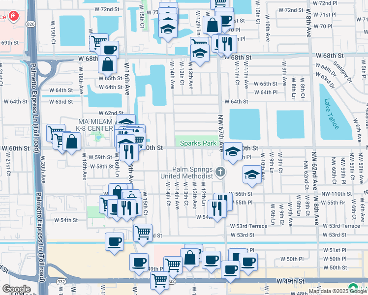map of restaurants, bars, coffee shops, grocery stores, and more near West 13th Court in Hialeah