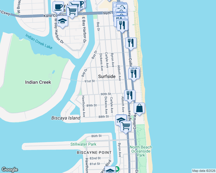 map of restaurants, bars, coffee shops, grocery stores, and more near 9016 Carlyle Avenue in Surfside