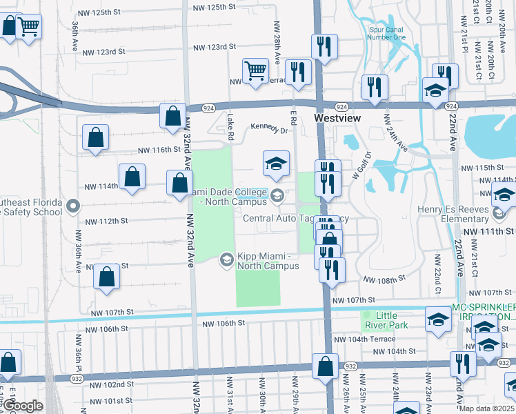 map of restaurants, bars, coffee shops, grocery stores, and more near 11380 Northwest 27th Avenue in Miami