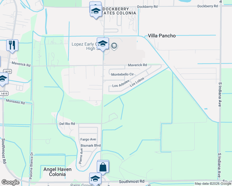 map of restaurants, bars, coffee shops, grocery stores, and more near 6712 Los Lobos in Brownsville