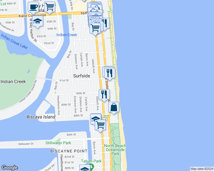 map of restaurants, bars, coffee shops, grocery stores, and more near 9017 Harding Avenue in Surfside