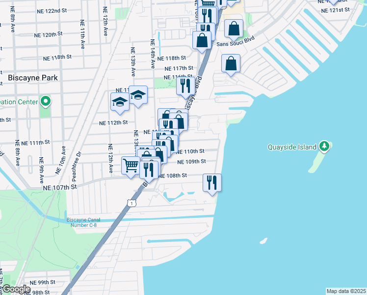 map of restaurants, bars, coffee shops, grocery stores, and more near 1508 Northeast 110th Street in Miami