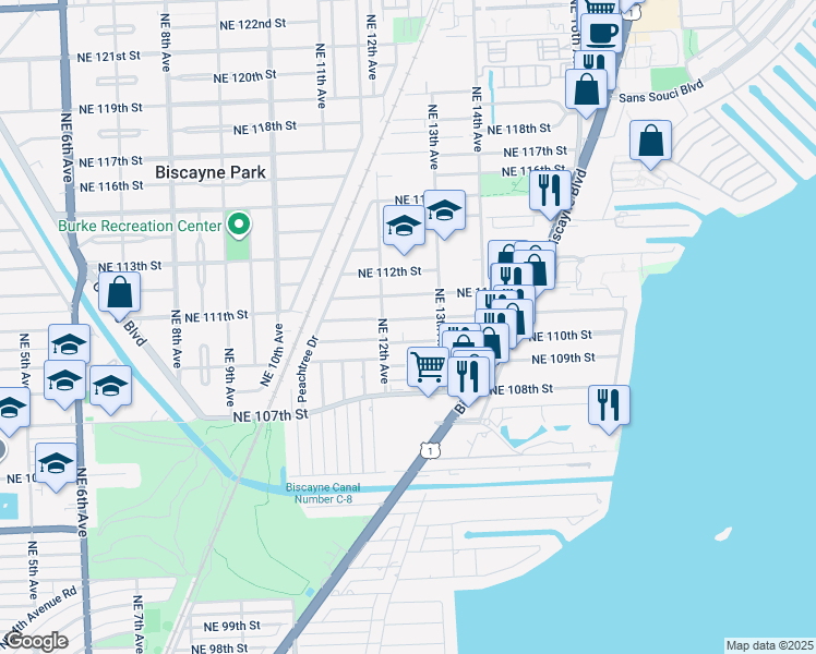 map of restaurants, bars, coffee shops, grocery stores, and more near 1210 Northeast 110th Street in Miami
