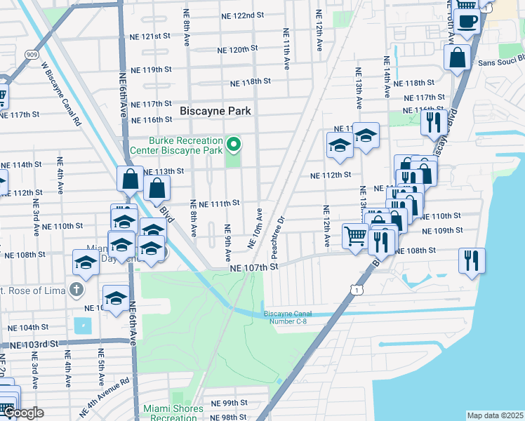 map of restaurants, bars, coffee shops, grocery stores, and more near 10922 Northeast 10th Avenue in Biscayne Park
