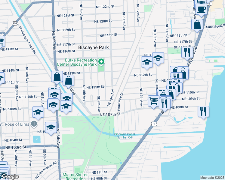 map of restaurants, bars, coffee shops, grocery stores, and more near 10922 Northeast 10th Avenue in Biscayne Park