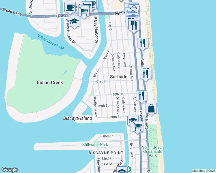 map of restaurants, bars, coffee shops, grocery stores, and more near 9016 Emerson Avenue in Surfside