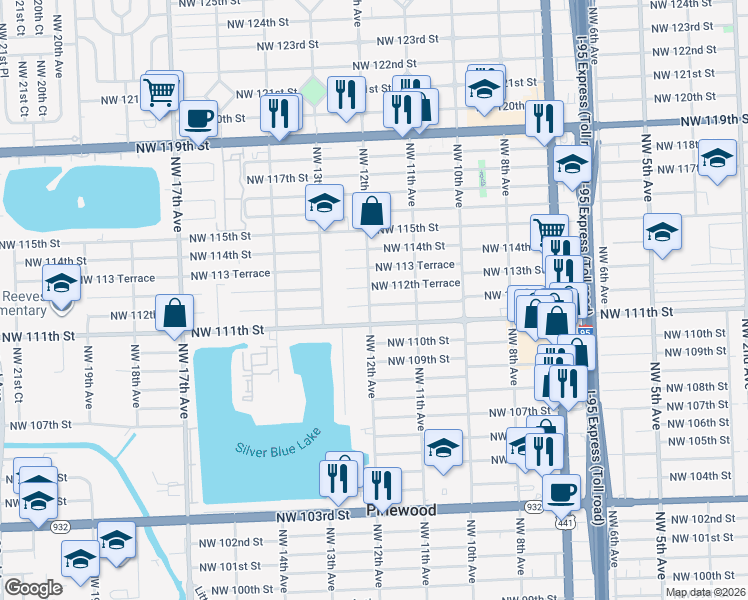map of restaurants, bars, coffee shops, grocery stores, and more near 11106 Northwest 12th Avenue in Miami