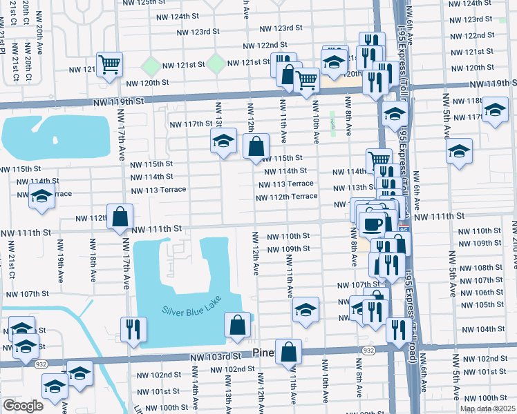 map of restaurants, bars, coffee shops, grocery stores, and more near 11106 Northwest 12th Avenue in Miami
