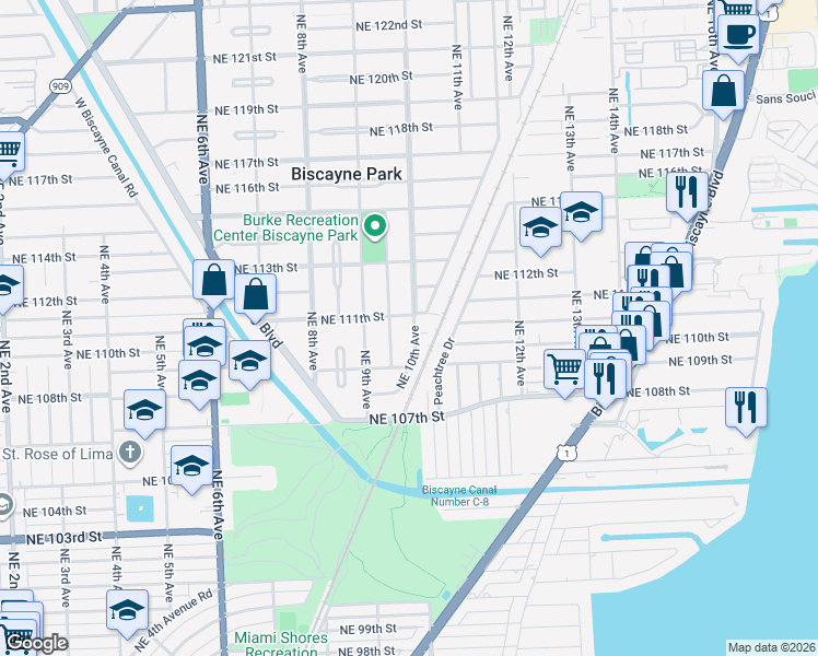 map of restaurants, bars, coffee shops, grocery stores, and more near 10922 Northeast 10th Avenue in Biscayne Park