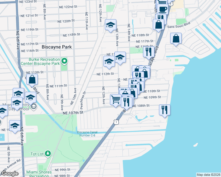 map of restaurants, bars, coffee shops, grocery stores, and more near 1210 Northeast 110th Street in Miami