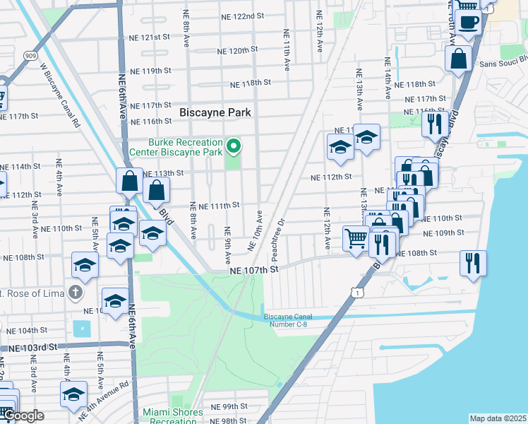 map of restaurants, bars, coffee shops, grocery stores, and more near 10922 Northeast 10th Avenue in Biscayne Park