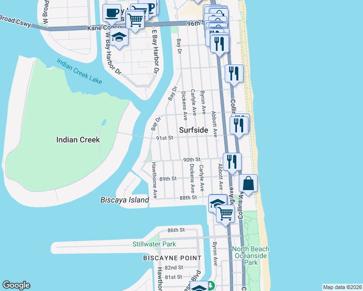 map of restaurants, bars, coffee shops, grocery stores, and more near 9016 Emerson Avenue in Surfside