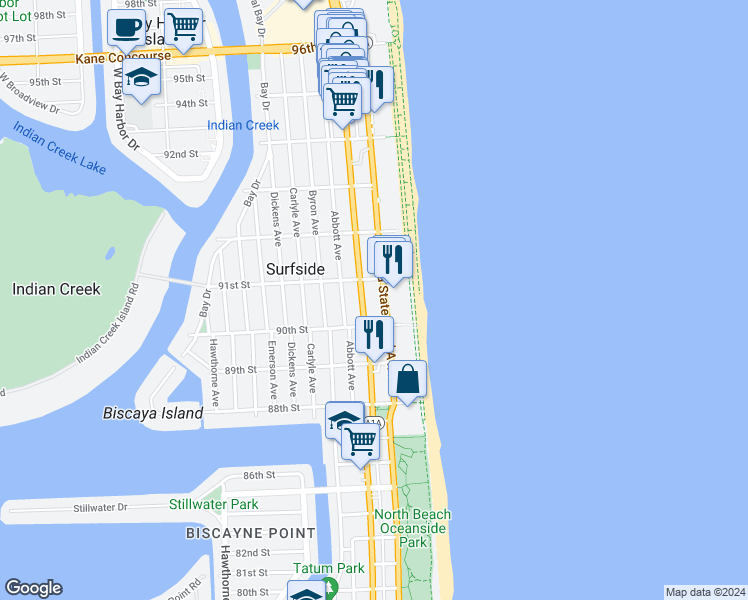 map of restaurants, bars, coffee shops, grocery stores, and more near 9017 Harding Avenue in Surfside