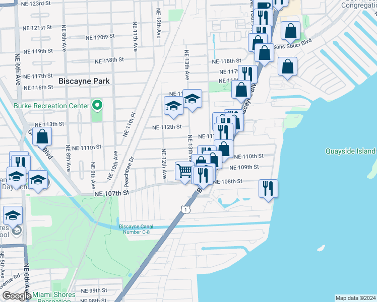 map of restaurants, bars, coffee shops, grocery stores, and more near 1284 Northeast 110th Street in Miami