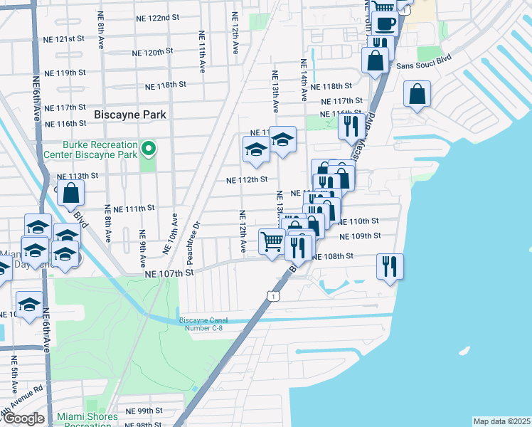 map of restaurants, bars, coffee shops, grocery stores, and more near 1284 Northeast 110th Street in Miami