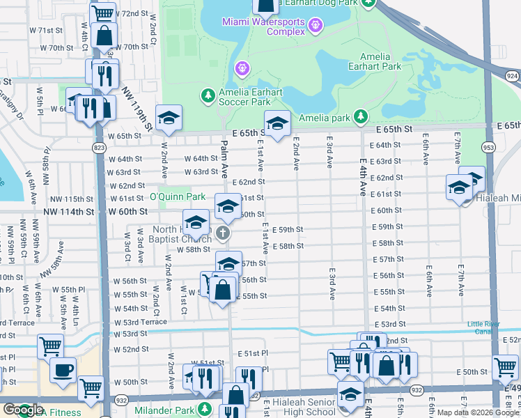 map of restaurants, bars, coffee shops, grocery stores, and more near 81 East 59th Street in Hialeah
