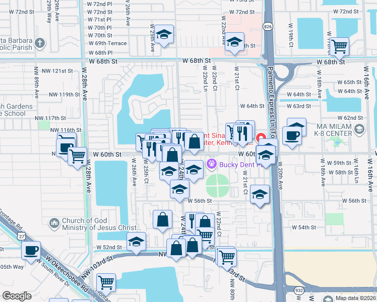 map of restaurants, bars, coffee shops, grocery stores, and more near 5995 West 24th Avenue in Hialeah