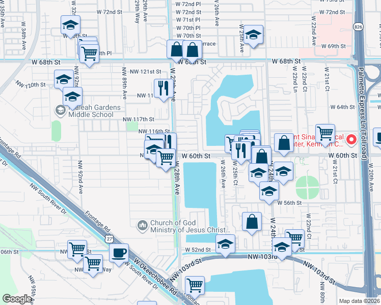 map of restaurants, bars, coffee shops, grocery stores, and more near 2780 West 60th Street in Hialeah