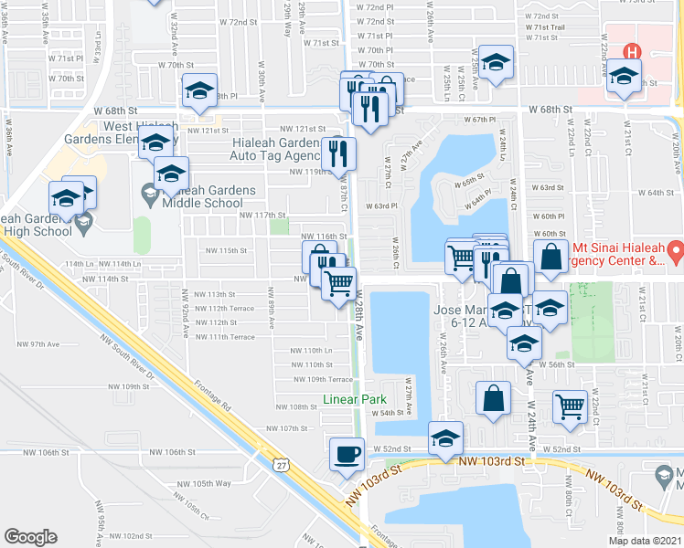 map of restaurants, bars, coffee shops, grocery stores, and more near 11390 Northwest 87th Court in Hialeah