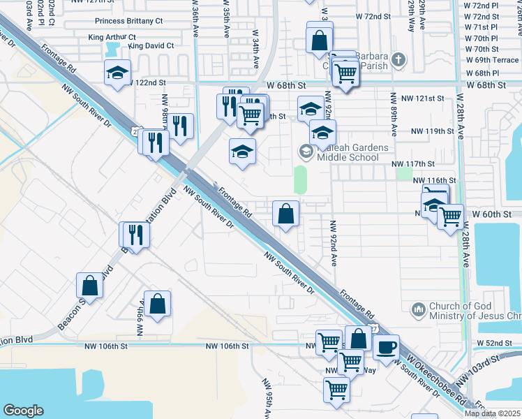 map of restaurants, bars, coffee shops, grocery stores, and more near 11119 West Okeechobee Road in Hialeah