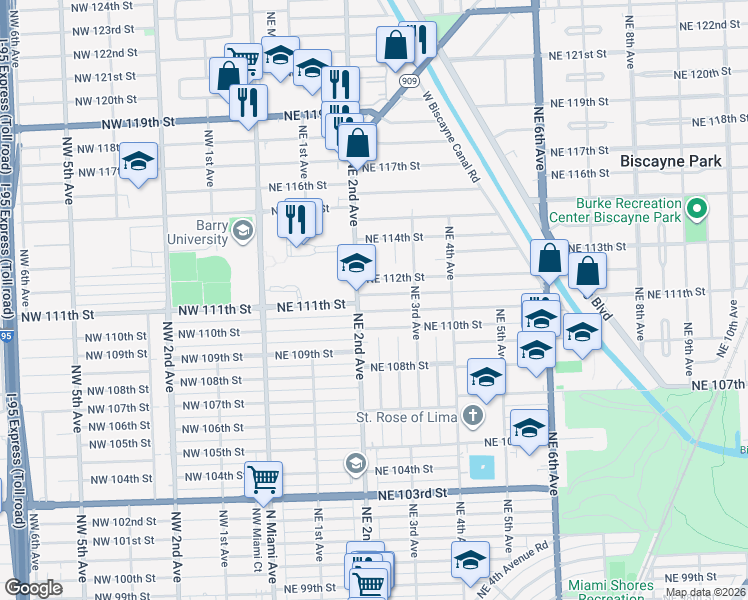 map of restaurants, bars, coffee shops, grocery stores, and more near 224 Northeast 111th Street in Miami