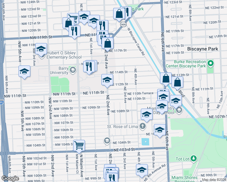 map of restaurants, bars, coffee shops, grocery stores, and more near 240 Northeast 110th Terrace in Miami