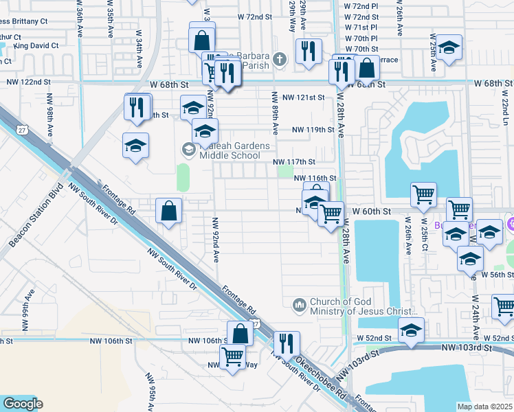 map of restaurants, bars, coffee shops, grocery stores, and more near 8997 Northwest 113th Street in Hialeah Gardens