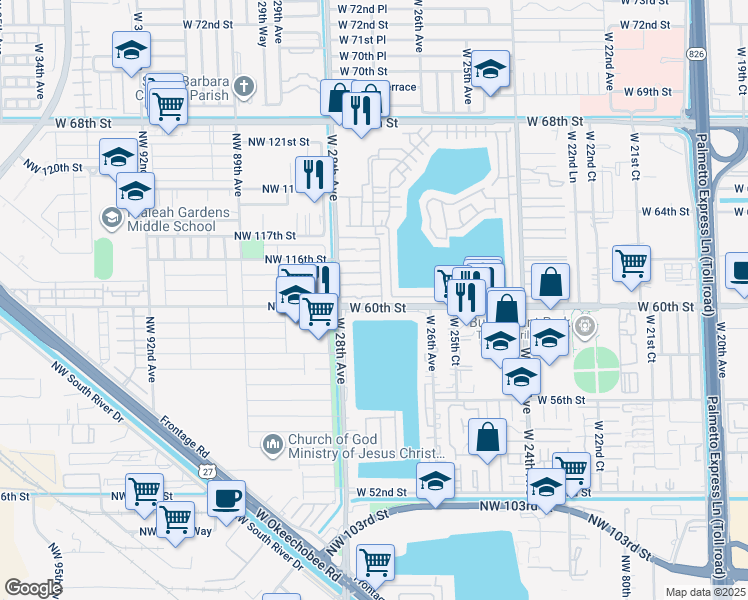 map of restaurants, bars, coffee shops, grocery stores, and more near 101 West 61st Street in Hialeah