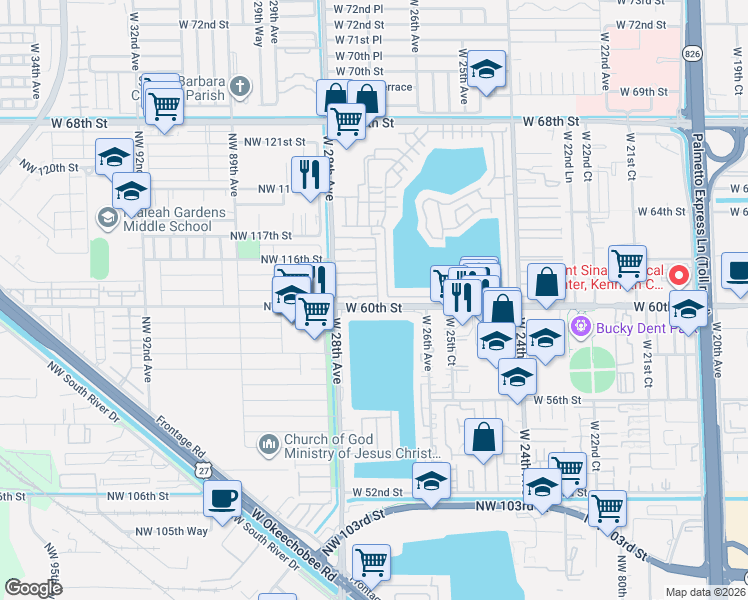 map of restaurants, bars, coffee shops, grocery stores, and more near 6095 West 26th Court in Hialeah