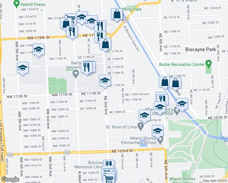 map of restaurants, bars, coffee shops, grocery stores, and more near 256 Northeast 111th Street in Miami
