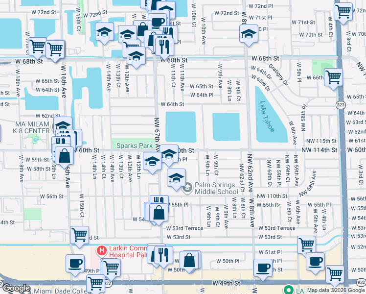 map of restaurants, bars, coffee shops, grocery stores, and more near 1129 West 60th Street in Hialeah